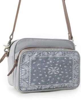 Women's Blue/Gray Western Bandana Crossbody Bag with Brown Leather Strap